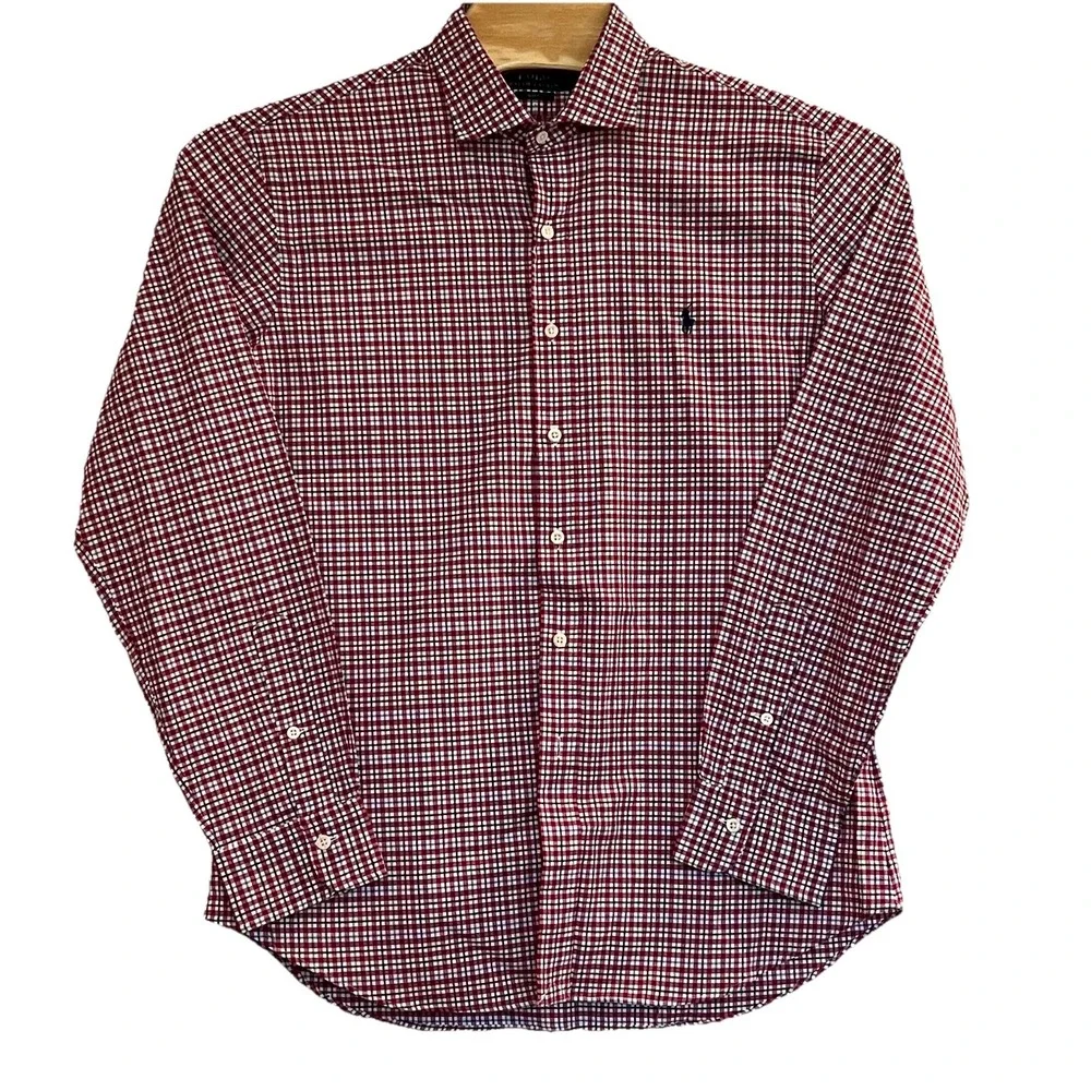 Polo Ralph Lauren Men's XL/TG Dark Pink Plaid Slim‎ Fit Long Sleeve Blue Pony
